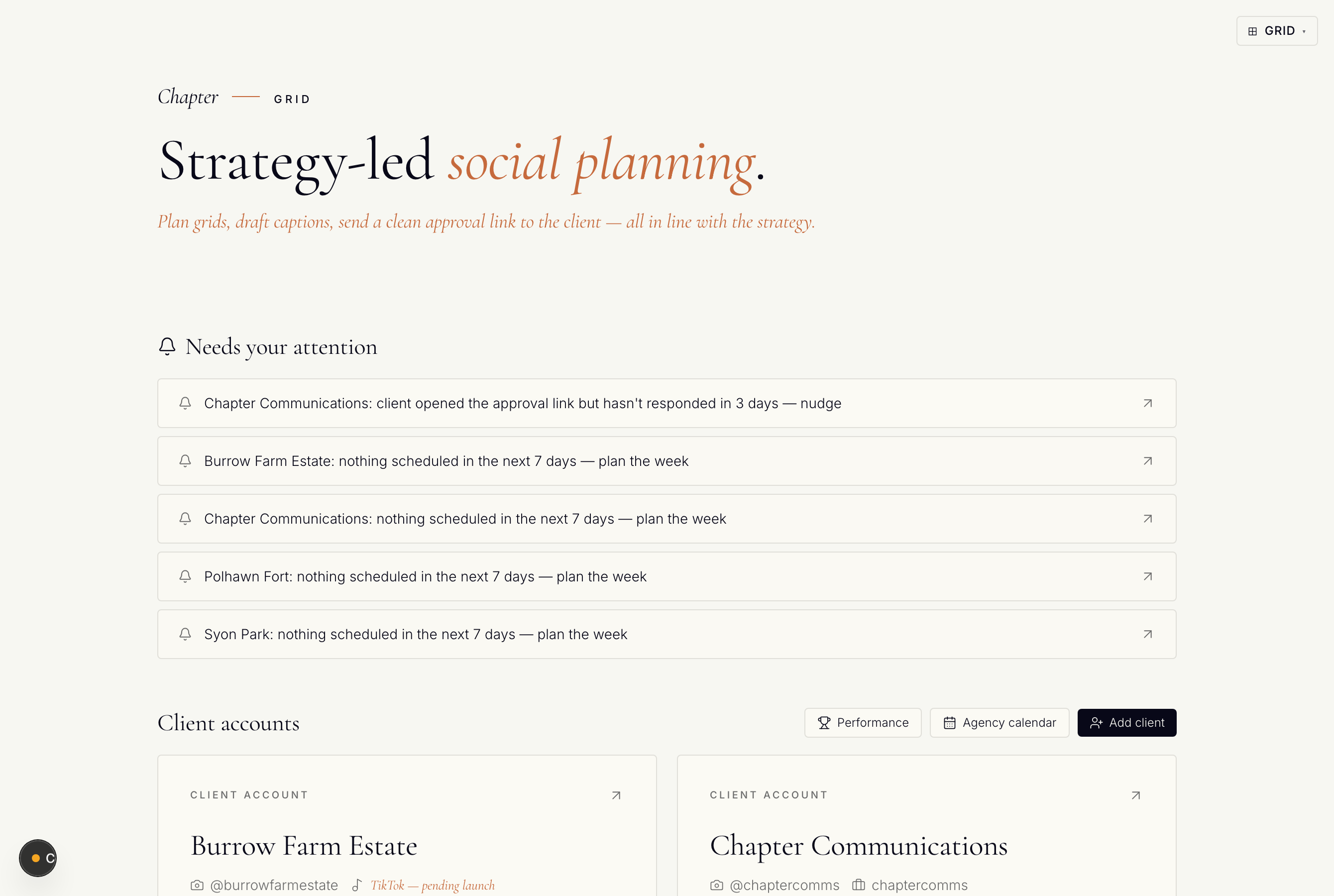 Grid — the social planner home view